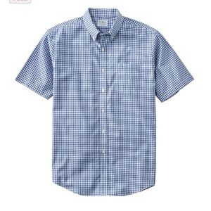 LLBean short sleeved, blue gingham button-up shirt